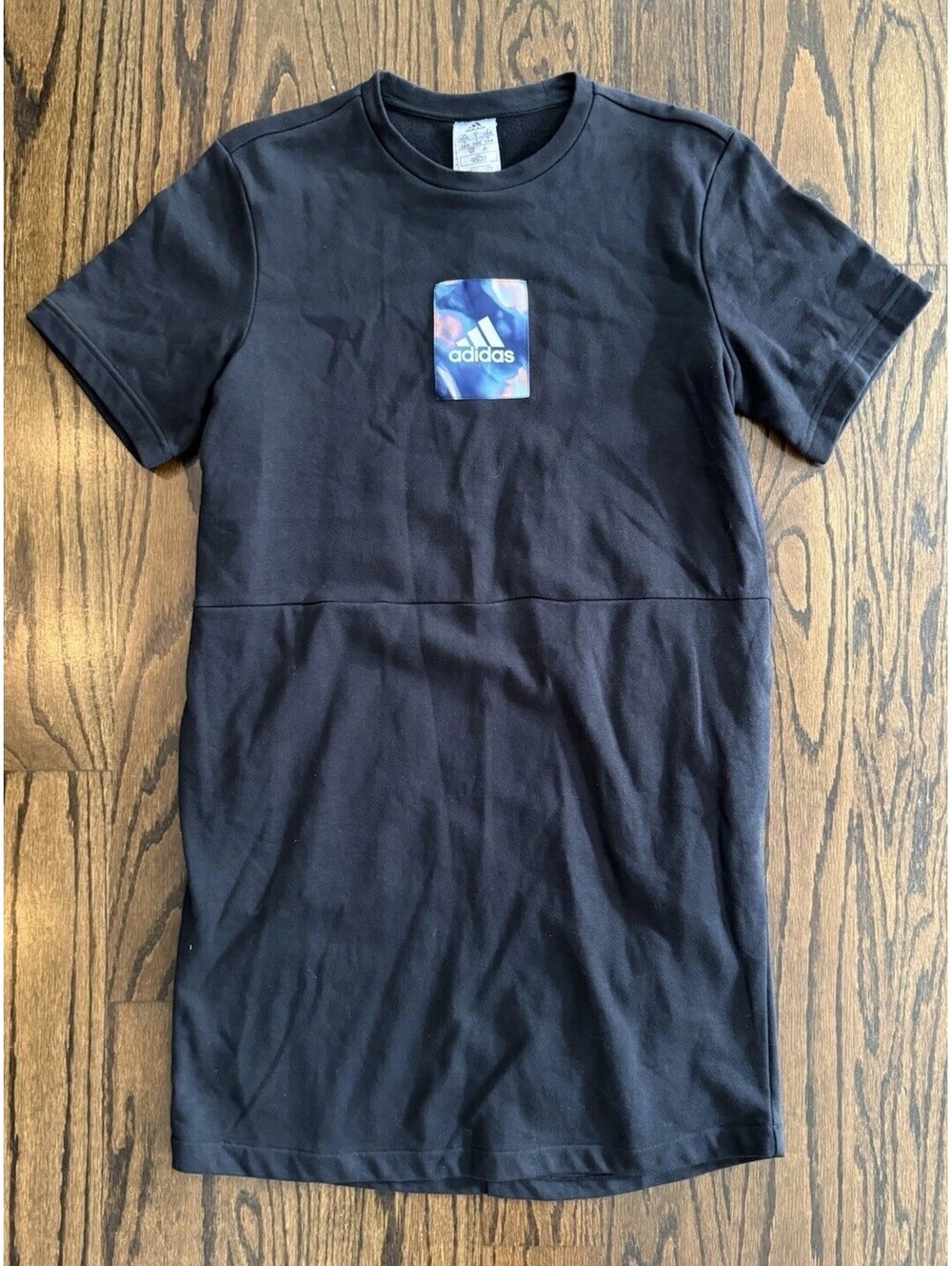 Adidas Women’s Small Black T Shirt Dress Graphic Logo Patch Short Sleeve
